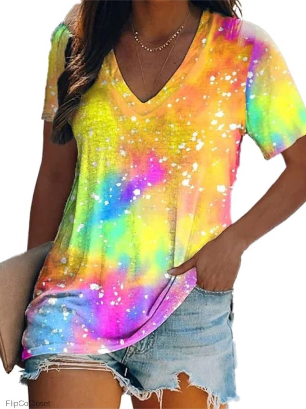Women Tie Dye V-Neck Tunic Top Short Sleeve Casual Summer Tee